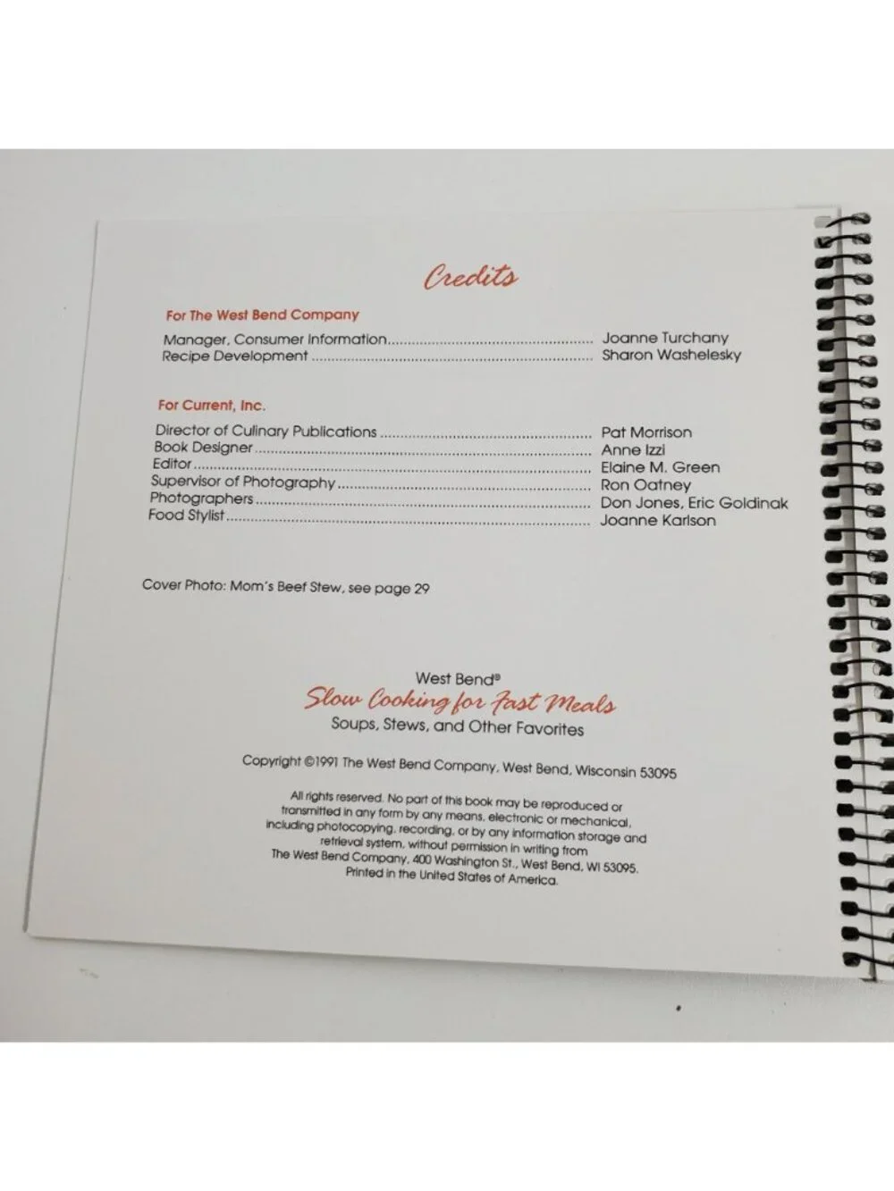 West Bend Slow Cooking For Fast Meals Spiral Bound Cookbook Recipe Book